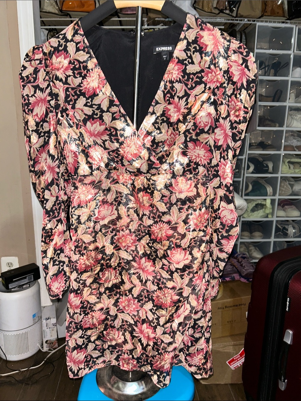 Express Black Dress with Pink and Cream Floral Sequin Pattern